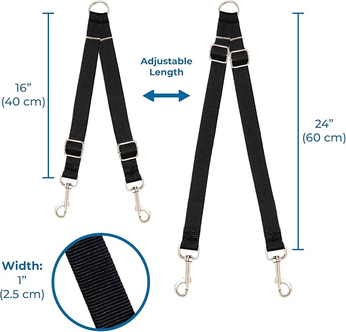 SunGrow 16-24" Adjustable Double Dog Walker Leash, Lightweight Dual Lead with 360° Swivel Zinc-Alloy Clips, Durable Polypropylene Strap, Fits Small to Medium Breeds, Ideal for Daily Walks & Training