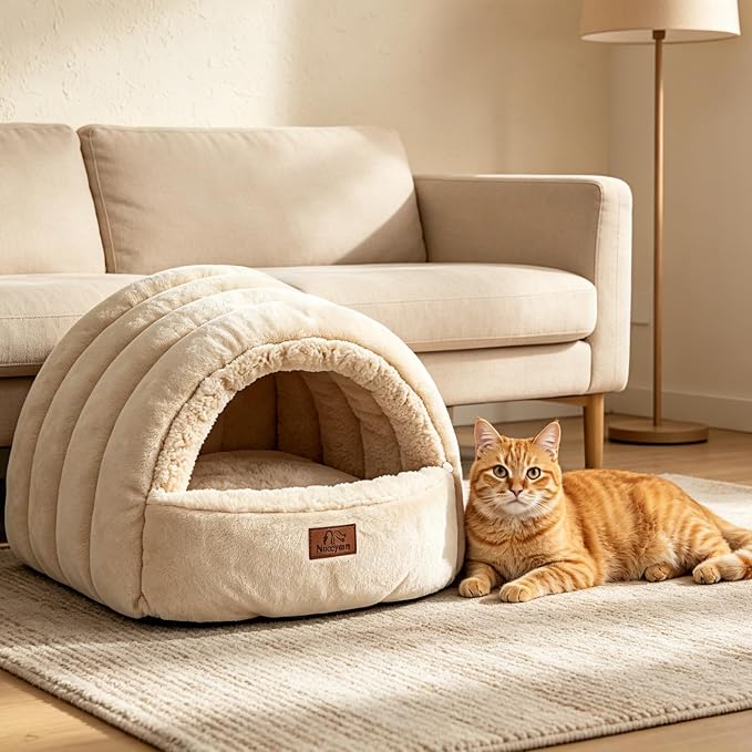 Covered Cat Bed Cave for Indoor Cats, 2-in-1 Enclosed Pet Bed for Small Dogs and Kittens with Zippered Washable Cat Mats, Cat House Bed, Beige