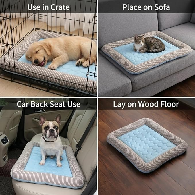 Dog Cooling Bed Summer Sleeping Cool Ice Silk Bed for Small, Medium, Large Dogs & Cats Breathable Washable Pet Beds with Non-Slip Bottom Blue (Blue Mat, Medium)