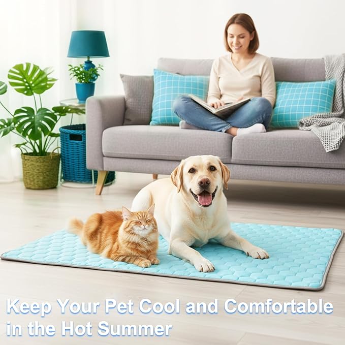 Vivifying Cooling Mat for Dogs, 40 x 30 Inch Waterproof Reversible Pet Cooling Pad with Ice Silk & Soft Velvet, Washable Summer & Winter Pet Blanket for Couch, Bed, Crate, Floor, Car Seat (Blue&Grey)