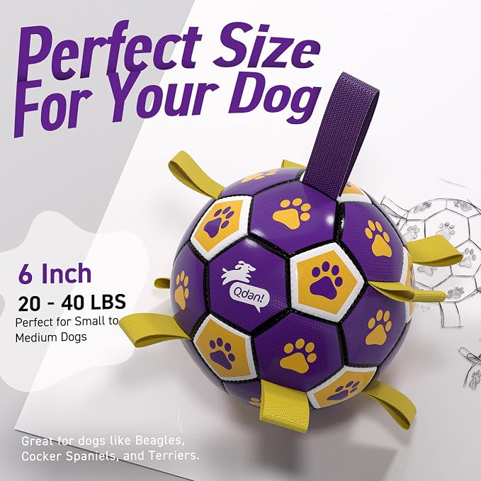 QDAN Dog Ropes Toys, Soccer Ball with Straps, Dogs Water Toy, Durable Dog Balls for Small Medium Breed(6 Inch)