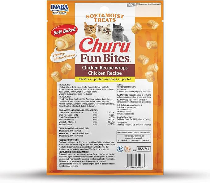 INABA Churu Fun Bites for Cats, Soft & Chewy Cat Treats with Taurine, 0.42 Ounces Each Tetra, 18 Tetras (3 per Bag), Chicken Recipe