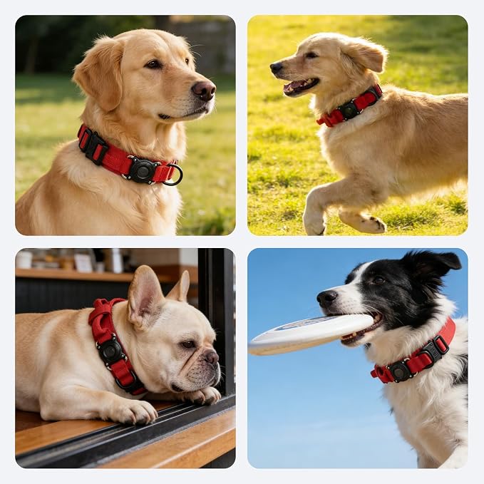 Upgraded AirTag Dog Collar,Waterproof Tactical Dog Collar with AirTag Holder, Control Handle and Metal Buckle,Heavy Duty Dog Collars for Large Dogs(Red,M