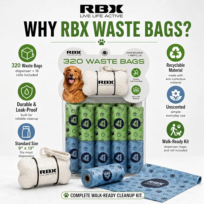RBX Dog Poop Bags with Leash Holder, 320 Bags, 16 Refill Rolls | Clip-On Dispenser, Durable Leak-Proof, Recyclable Material