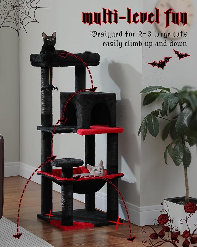 MUTTROS Gothic Cat Tree with Super Large Hammock, 45.7" Black Cat Tower with Coffin Bed, Cat Condo, Sisal Scratching Posts & Top Perch, Multi-Level Goth Cat Tree, Halloween, Black
