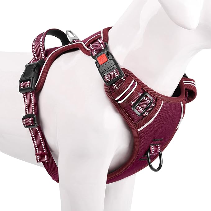 Timos Dog Harness Small Sized, No Pull Pet Harness with Neck Lockable Snap, No Choke Front Clip Reflective Vest, Adjustable Metal Rings 3 Buckles, Easy Control Handle for Small Dogs Burgundy S