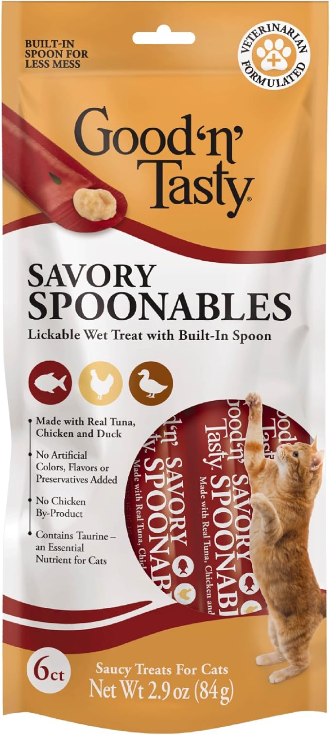 Good 'N' Tasty Savory Spoonables with Real Tuna, Chicken & Duck, 6 Count Tube, Triple Flavor Squeezable Lickable Wet Treats for Cats with Built-in Spoon for Less Mess