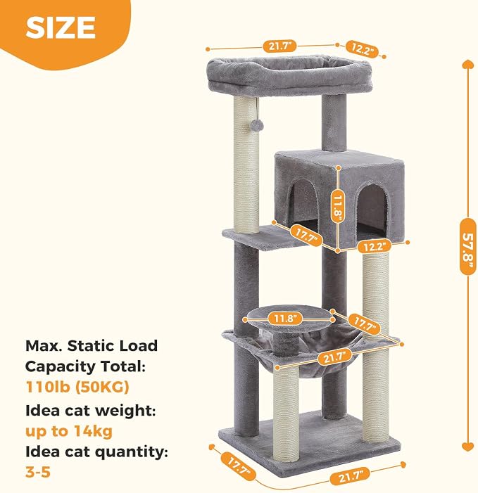 MUTTROS Large Cat Tree with Reinforced Scratching Posts (φ3.7in) for Big Adult Cats 30 lbs, 57.8" Heavy Duty Cat Tower with Larger Hammock and Condo, Cat Furniture for Maine Coon, Plush,Grey