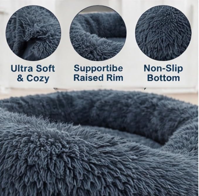 Calming Donut Dog Bed, Gray, Ultra Soft Plush, Round, Anti-Anxiety Bolster, Washable, for Small to Medium Dogs