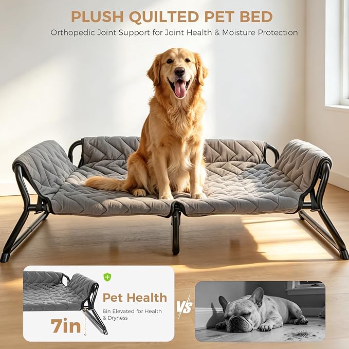 Elevated Dog Bed with Bolster, 2-in-1 Raised Dog Cot for Large Dogs up to 90 lbs, Removable Machine Washable Cushion, Stable X-Frame Dog Sofa Bed for Indoor Covered Outdoor Use