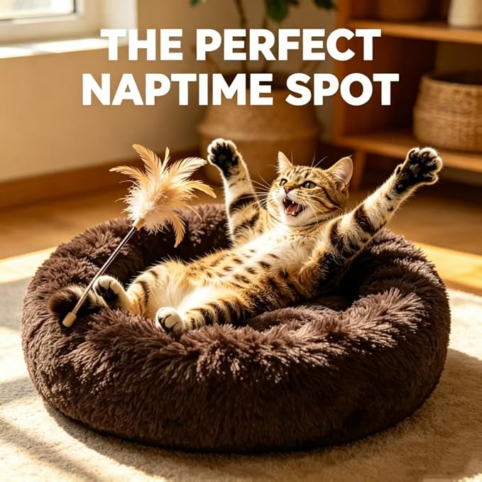 Cat Beds for Indoor Cats - Pet Beds Washable 24 inches, Dog Beds for Small Medium Dogs, Anti Anxiety Round Fluffy Plush Faux Fur Cat Bed, Thick Bottom (Coffee, Large 24" L x 24" W)