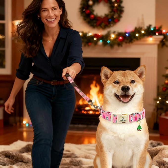 Lionheart glory Christmas Dog Collar, Pink Christmas Tree Dogs Collar Adjustable Soft Comfortable Collars for Small Dogs Girl or Boy Pet Gift Fall Cute Collar