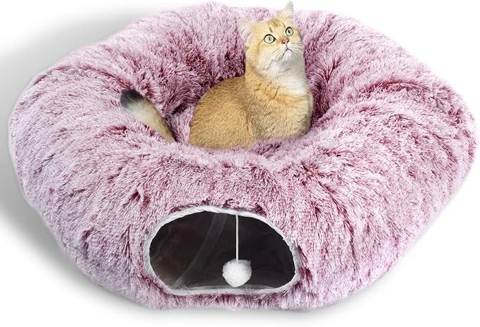 AUOON Cat Tunnel Bed for Indoor Cats - Large Cat Donut Tunnel with Hanging Ball Toy, Collapsible 2-in-1 Multifunctional Interactive Cat Toy for Kitten, Puppy, Rabbit, Ferret (Rosiness)