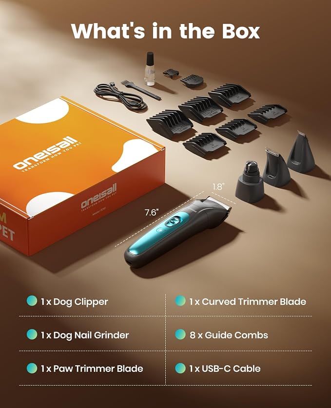 oneisall Professional Dog Grooming Kit at Home: All-in-One Quiet Clippers & Nail Grinder with LED Light, 2000mAh Cordless Dog Shaver, Safe Poodle Grooming Kit for Paws, Face, Ears & Body