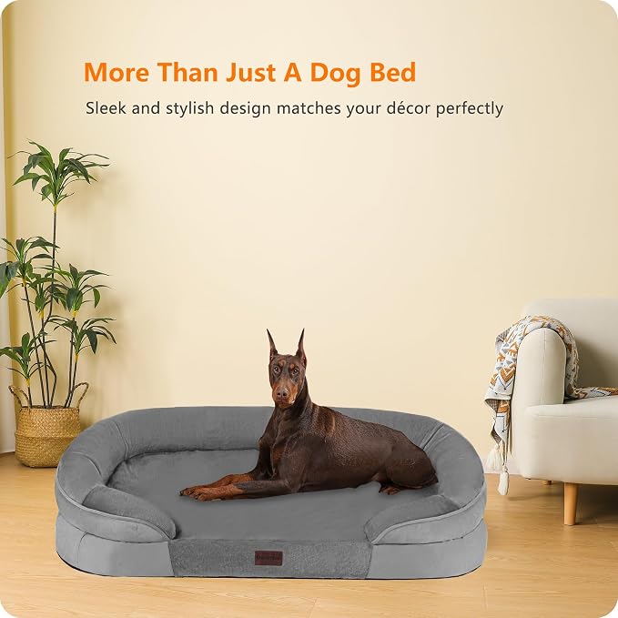 Dwanton Orthopedic Dog Bed for Extra Extra Large Dogs with Gel Memory Foam, Waterproof Dog Sofa, Washable Pet Bed with Four Sided Bolster Cushion, Removable Cover & Non-Slip Bottom, 48", Medium Grey