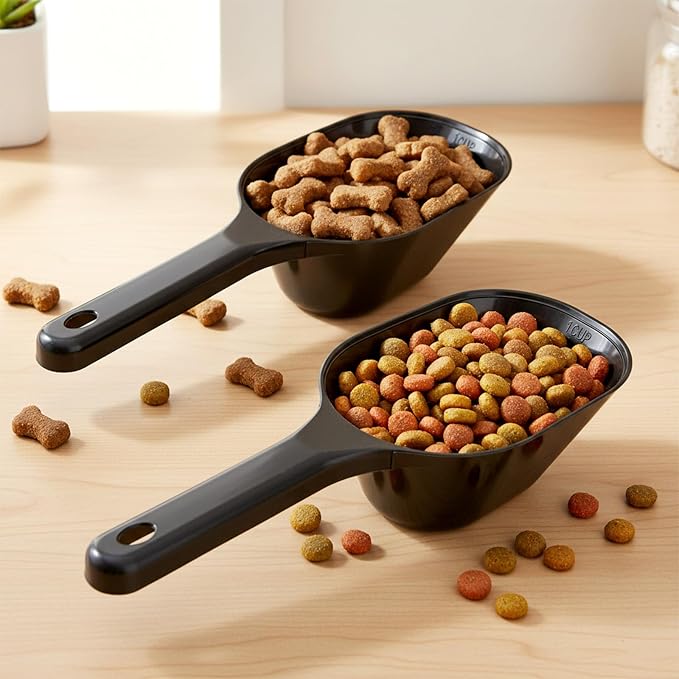 2 Pack Dog Food Scoop 1 Cup Capacity Plastic Pet Food Measuring Scooper with Measuring Lines for Dog Puppy Cat Fish Bird Precise Portion Control Coffee Bean Flour Scoop