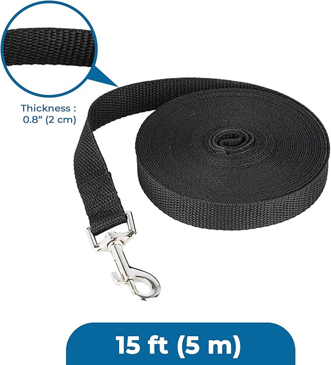 SunGrow Pet Training Leash, Heavy-Duty Polypropylene Walking Leash, 360-degree Swivel Hook, Dog/Puppy Obedience, Recall, Agility Lead, Leisure & Adventure Walking, Black, 15 feet x 0.8 inches
