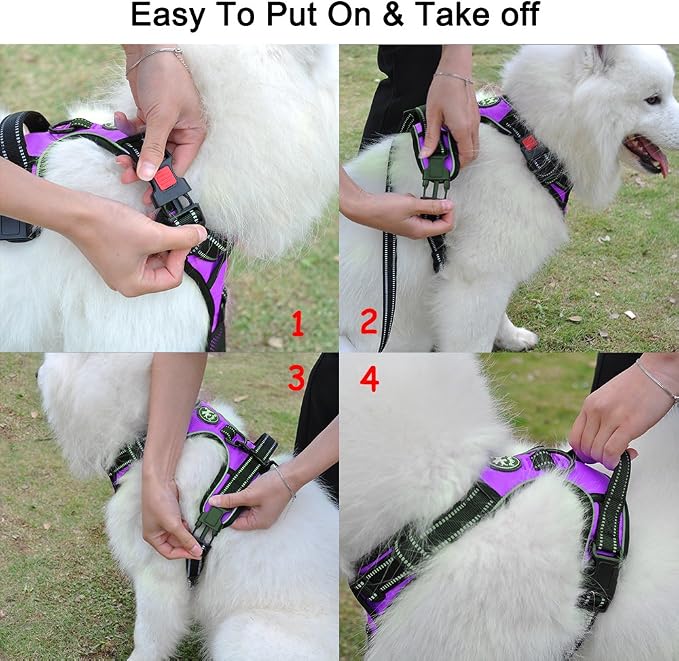 PoyPet Dog Harness No Pull, Reflective Adjustable No Choke Pet Vest with Front & Back Clips, Soft Padded and Control Training Handle for Large Dogs(Purple,XL)