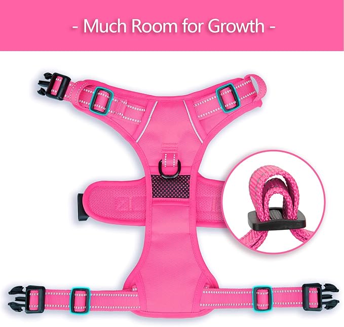 PoyPet No Pull Dog Harness, No Choke Reflective Dog Vest, Adjustable Pet Harnesses with Easy Control Padded Handle for Small Medium Large Dogs(Pink Matching Trim,M)