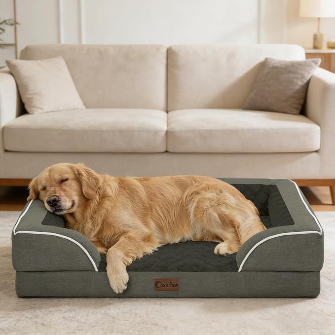 Orthopedic Dog Beds for Large Sized Dogs 36x27 Inch, Waterproof Egg Crate Foam Dog Sofa Bed with Removable Washable Cover Big Pet Couch with Bolster & Non-Slip Bottom, Dark Green