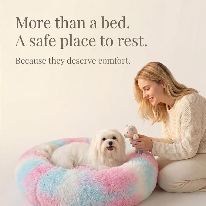 Calming Donut Dogs Beds for Small Dogs Washable,23inch Plush Round Pet Bed for Cozy Sleep,Fluffy Faux Fur Large Cat Bed,Fits up to 25 lbs Pets,Multi Colored