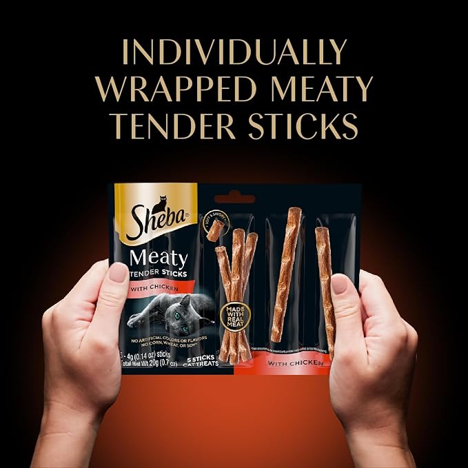 Sheba Meaty Tender Sticks Chicken Cat Treats, Chicken Flavor, Cat Snacks, 0.14 oz., 15 Count, Pack of 10 (150 Sticks Total)