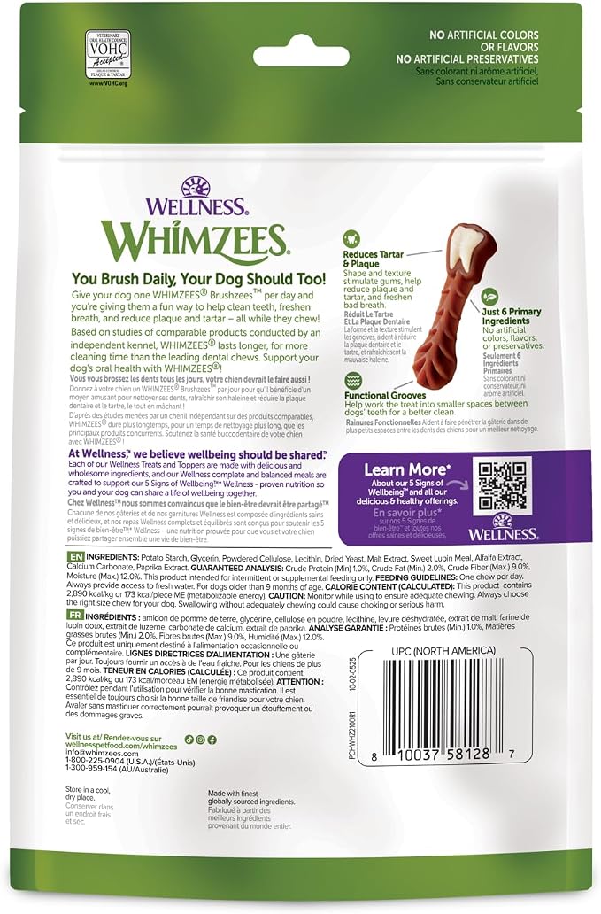 Wellness WHIMZEES Brushzees Natural Dog Dental Treat, VOHC Accepted Chews, Freshens Breath, Large Size, 4.2 oz Bag, 2 Count