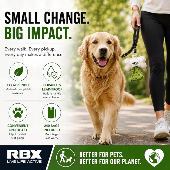RBX Dog Poop Bags Rolls with Holder for Leash, 240 Poop Bags for Dogs with Clip-On Dispenser, Durable Leak-Proof Waste Bags, 16 Refill Rolls, Recyclable Material