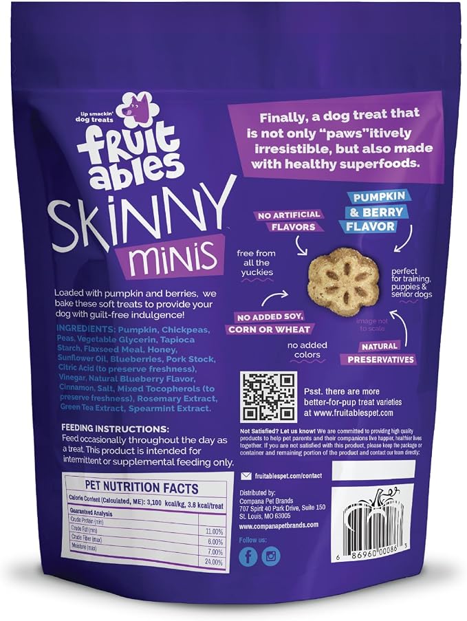 Fruitables Skinny Mini Dog Treats, Healthy Pumpkin Treat for Dogs, Low Calorie & Delicious, Puppy Training, No Wheat, Corn or Soy, Made in the USA, Pumpkin and Berry Flavor, 12oz