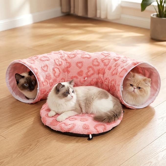Cat Tunnel Bed, Cute Cat Tunnel Toy with Washable Cushion, Fits Indoor Cats up to 25 lbs, Cute Peekaboo Cave Pet Bed for Kittens, Rabbits, Pink Heart
