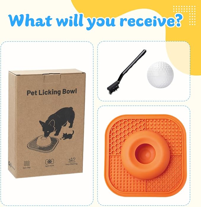 Slow Feeder Dog Bowls & Lick Mat for Liquid and Thick Treat, Anti-Slip Dog Lick Bowl with Interactive Rolling Ball, 5/6 Cup Pup Licking Toy for Large Medium Small Dogs and Cats Orange