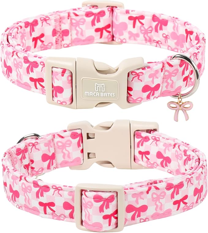 Maca Bates Pink Bow Basic Dog Collar with Cute Sailor Bowtie Charm for Small Girl Dogs, Girly Bows Gingham Pattern,Feminine Style Adjustable Durable Soft Collars Birthday Gift for Female Puppy