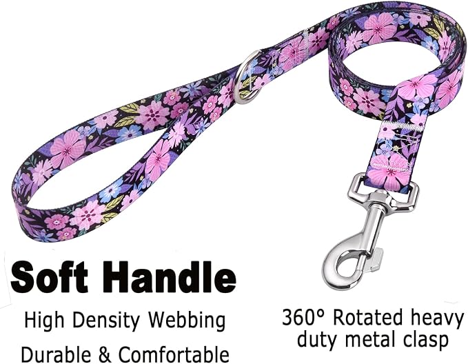 Mihqy Dog Collar and Leash Set with Bohemia Floral Tribal Geometric Patterns - Soft Ethnic Style Collar Adjustable for Small Medium Large Dogs(Pink Floral Set,S)