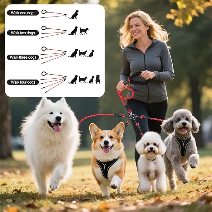 4 Way Dog Leashes,No Tangle Medium Small Dog Walking Leash,Nylon Pet Leash for 1 to 4 Dogs Outdoor Walking (Red)
