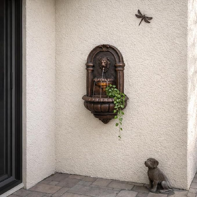 Teamson Home 32.1 in. Wall-Mounted Lion Head Stone LED Outdoor Water Fountain for Gardens, Landscaping, Patios, Balconies, Lawns to Create a Calming Oasis in Outdoor Living Spaces, Antique Bronze