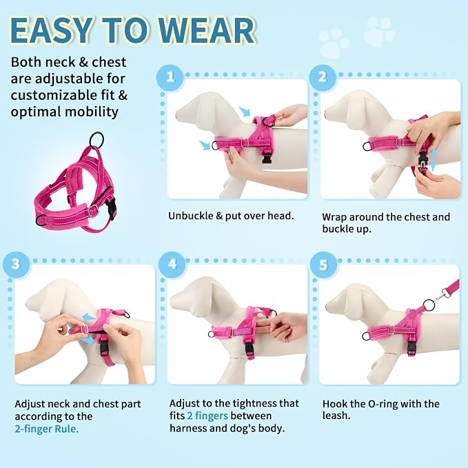 SlowTon No Pull Small Dog Harness and Leash Set, Puppy Soft Vest Harness Neck & Chest Adjustable, Reflective Lightweight Harness & Anti-Twist Pet Lead Combo for Small Medium Dogs (Fuchsia, XXS)