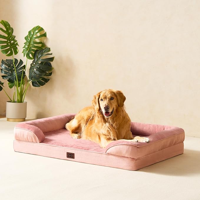 EHEYCIGA Orthopedic Dog Beds for Large Dogs, Waterproof Memory Foam Large Dog Bed with Sides, Non-Slip Bottom and Egg-Crate Foam Pet Couch Bed with Washable Removable Cover, Dusty Pink,36x27