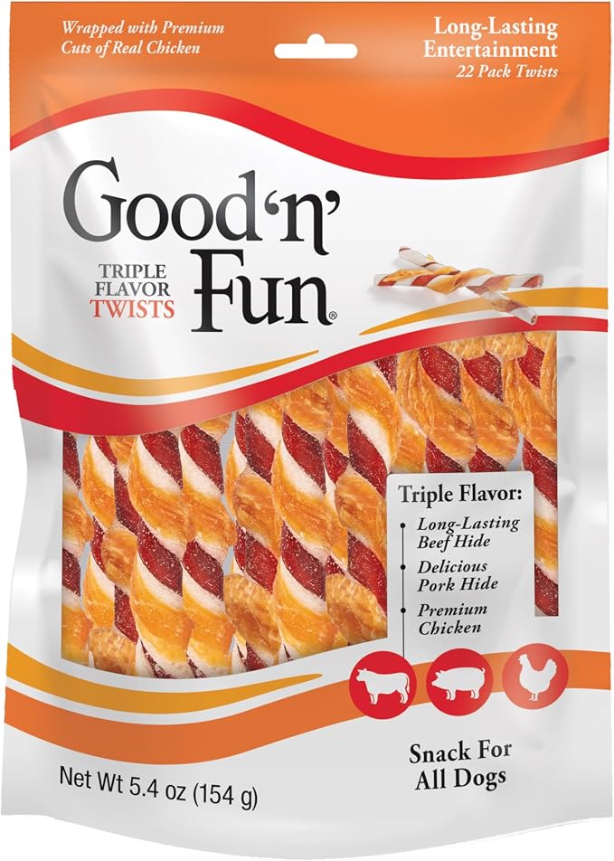 Good 'n' Fun Twists Long-Lasting Dog Treat, With Real Proteins, Beef Hide and Premium Chicken, Supports Dental Health, Mental Stimulation, 22 count