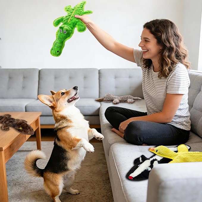 No Stuffing Dog Squeak Toys, 5 Pack Chew Toys with Crinkle to Keep Them Busy, Plush Puppy Teething Toys for Indoor & Outdoor Play, Best Birthday Gift for Large Breed