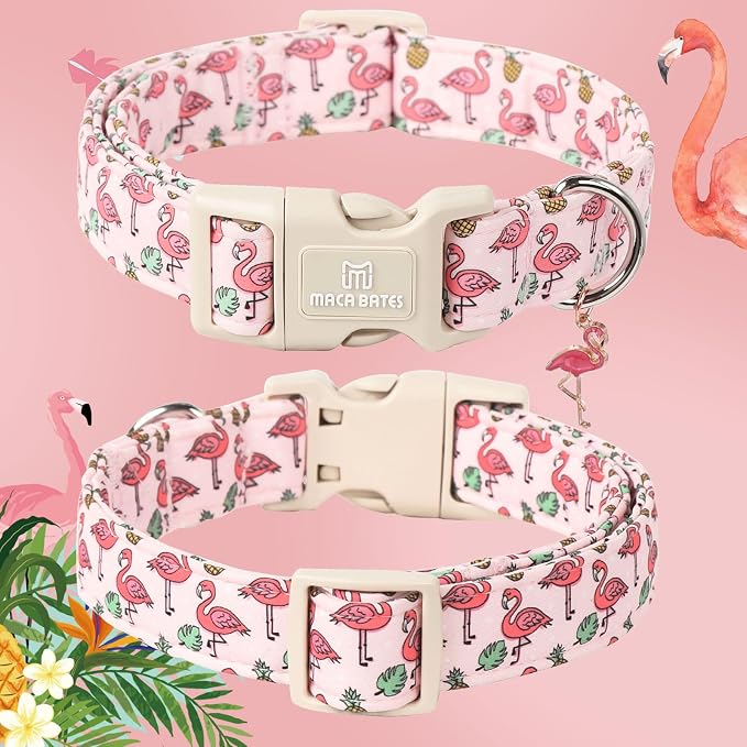 Maca Bates Cute Pink Flamingo Dog Collar Summer Puppy Collars for Medium Girl Boy Dogs,Spring and Summer Styles,Durable,Soft,Thick,Adjustable for Female Male Pet with White Safety Buckle