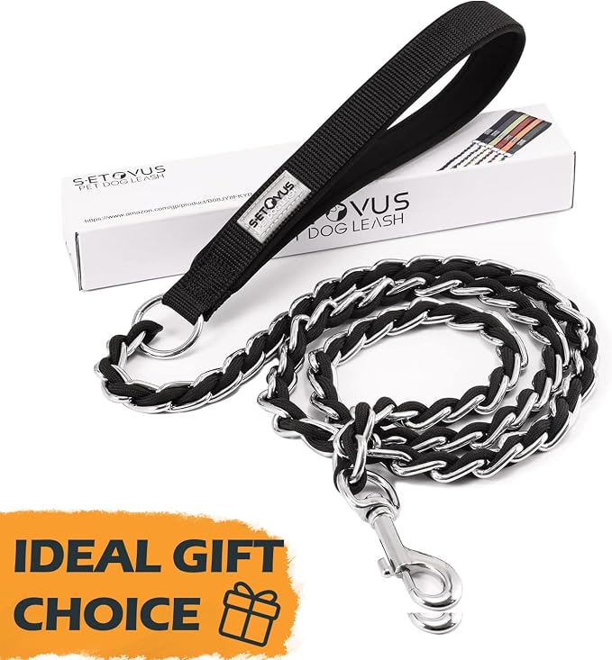 Chain Dog Leash Chew Proof Metal Leash for Medium Large Dogs, Chain Link Dog Anti Chew 5.2FT / 4FT Strong Anti Bite Comfortable Soft Padded Handle (Black, 5FT(80-150lb))