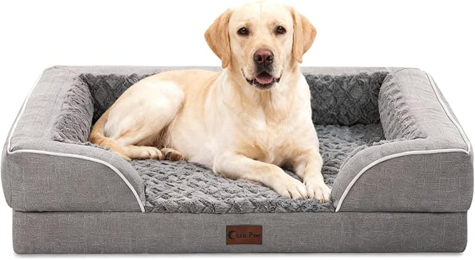 Orthopedic Dog Beds for Large Sized Dogs 35x22 Inch, Medium Waterproof Egg Crate Foam Dog Sofa Bed with Removable Washable Cover Pet Couch with Bolster Side & Non-Slip Bottom, Concrete Gray