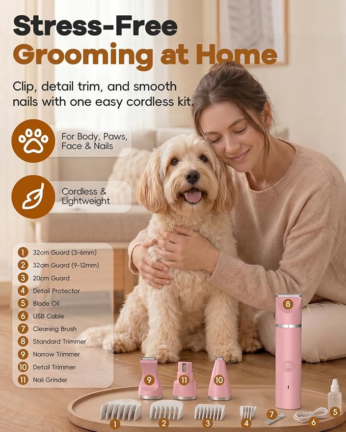 Veeconn Dog Grooming Clippers Kit-Electric Rechargeable Cat Trimmer Tools-Cordless Quiet Pet Nail Paw Grinder-4 in 1 Multifunctional Low Noise Shaver-Razor for feet Face Ears Toenail Eye (Pink)