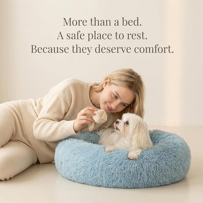 Calming Donut Dogs Beds for Small Dogs Washable,23inch Plush Round Pet Bed for Cozy Sleep,Fluffy Faux Fur Large Cat Bed,Fits up to 25 lbs Pets,Washed Blue