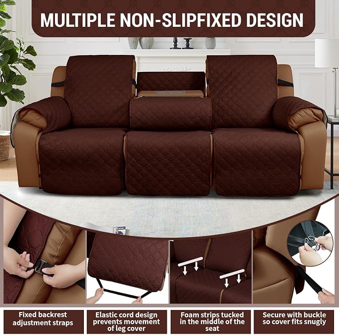 Waterproof Recliner Sofa Covers with Flipped Middle Backrest Washable Recliner Couch Covers Non-Slip with Elastic Straps Furniture Protector for Kid Dogs Pets (Coffee)