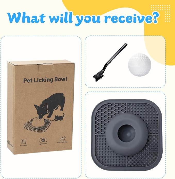 Slow Feeder Dog Bowls & Lick Mat for Liquid and Thick Treat, Anti-Slip Dog Lick Bowl with Interactive Rolling Ball, 5/6 Cup Pup Licking Toy for Large Medium Small Dogs and Cats Gray