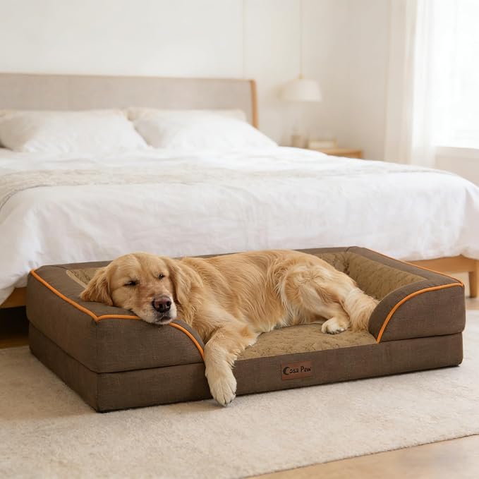 Orthopedic Dog Beds for Extra Large Sized Dogs 42x30 Inch, XL Waterproof Egg Crate Foam Dog Sofa Bed with Removable Washable Cover Big Pet Couch with Bolster & Non-Slip Bottom, Brown