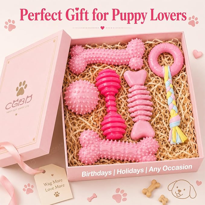 Puppy Toys, 6 Pack Dog Chew Toys for Puppy, Cute Pink Small Dog Toys, Puppy Teething Toys for Puppies, 2026 Upgraded Soft Durable Interactive Chew Toy for Small Dogs