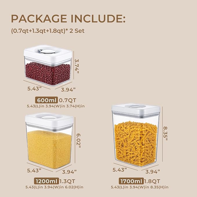 UFORU Food Storage Containers with Twist Lids, 6 Pcs Airtight Food Storage Containers Set, Stackable Kitchen Pantry Organizer, Rotary Opening Containers for Flour, Cereal & Sugar(0.7/1.3/1.8QT)*2