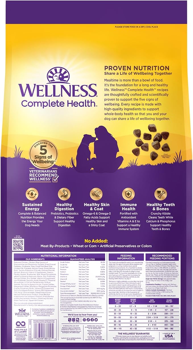 Wellness Complete Health Adult Dry Dog Food, Grain Free Kibble, Natural, Chicken Recipe, 12 lb Bag
